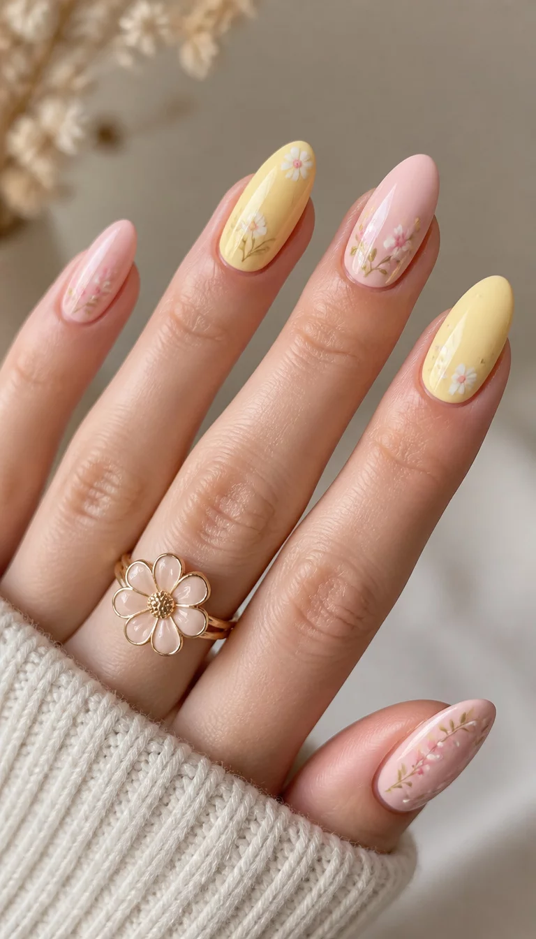Pastel Pink Flower Power close-up shot of a woman’s hand with five fingers showing nails with almond-shaped nails in pastel pink and yellow, adorned with light floral designs and a stylized flower ring, soft, neutral tone.