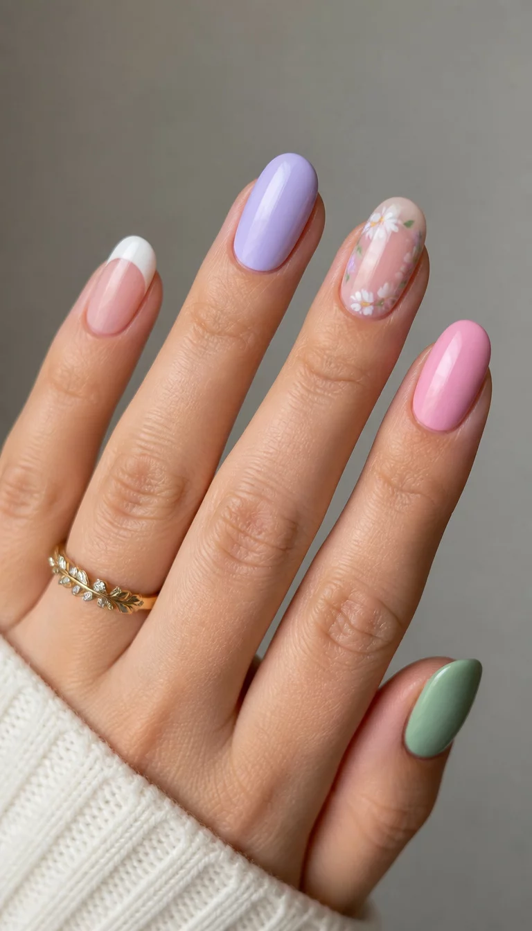 The Ultimate Summer Variety close-up shot of a woman’s hand with five fingers showing nails with a mix of French tips, pastel colors with floral accents, and solid colors, neutral background.
