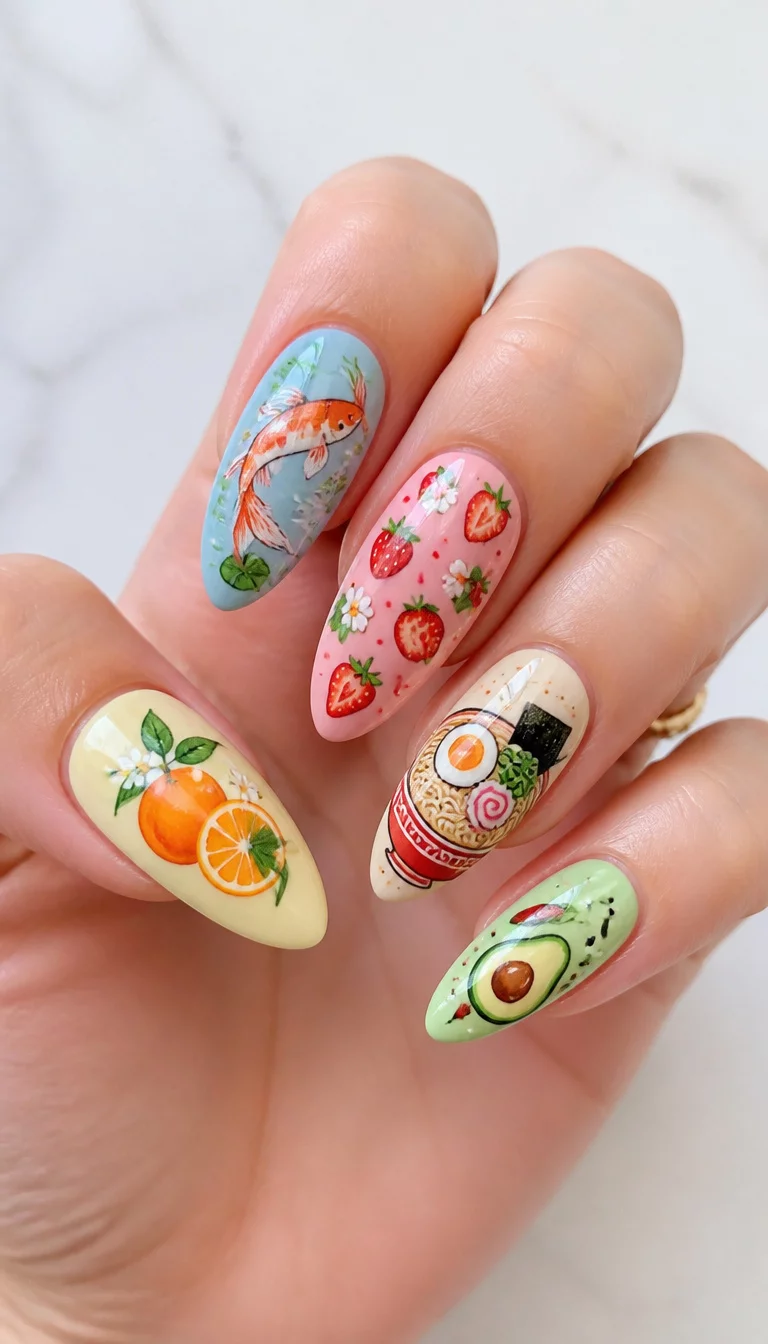 Quirky Mediterranean Feast close-up shot of a woman’s hand with five fingers showing nails with elongated, almond-shaped nails with colorful designs featuring fruits, fish, and food items, clean, light surface.
