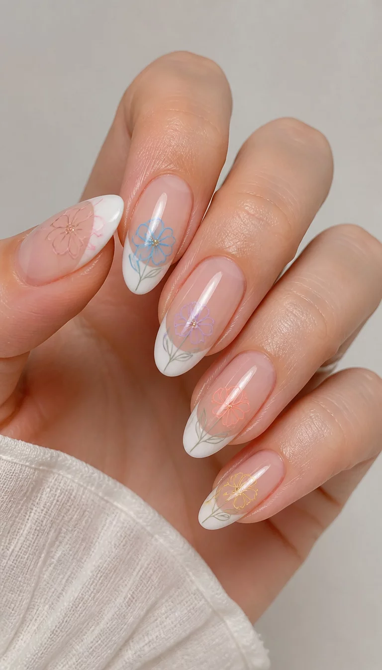 Colorful Floral Outlines close-up shot of a woman’s hand with five fingers showing nails with almond-shaped, sheer French-tip nails with delicate, colorful floral outlines in pastel shades, light, neutral tone.