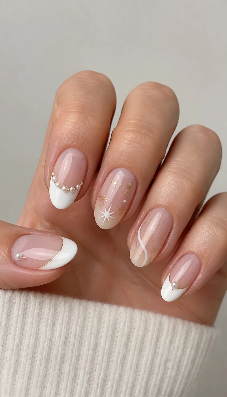Pearlescent White Elegance close-up shot of a woman’s hand with five fingers showing nails with white nail designs for 2026, featuring French tips with pearl accents, minimalist gold lines, and star patterns, plain background.