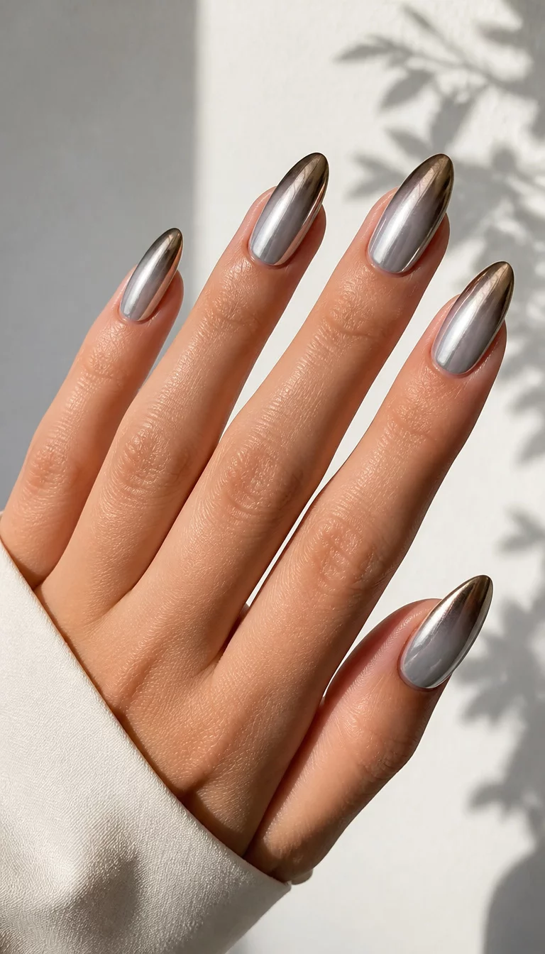 The Futuristic Chrome Gradient close-up shot of a woman’s hand with five fingers showing nails with almond-shaped, chrome nails with a metallic gradient tip design, a plain, bright wall with a shadow of leaves.
