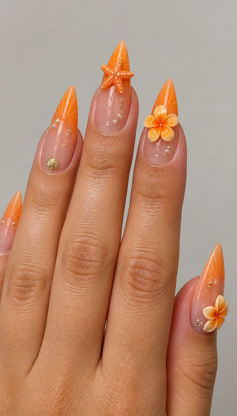Vibrant Ocean Stiletto Dreams close-up shot of a woman’s hand with five fingers showing nails with stiletto nails with a clear base, vibrant orange gradient tips, and playful 3D ocean-themed embellishments like a starfish and flower, plain background.