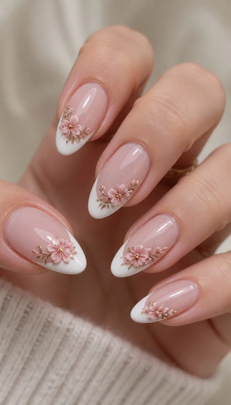 Delicate Floral French Tips close-up shot of a woman’s hand with five fingers showing nails with almond-shaped, French-tip nails with delicate pink floral designs and tiny gold bead accents, soft, neutral texture.