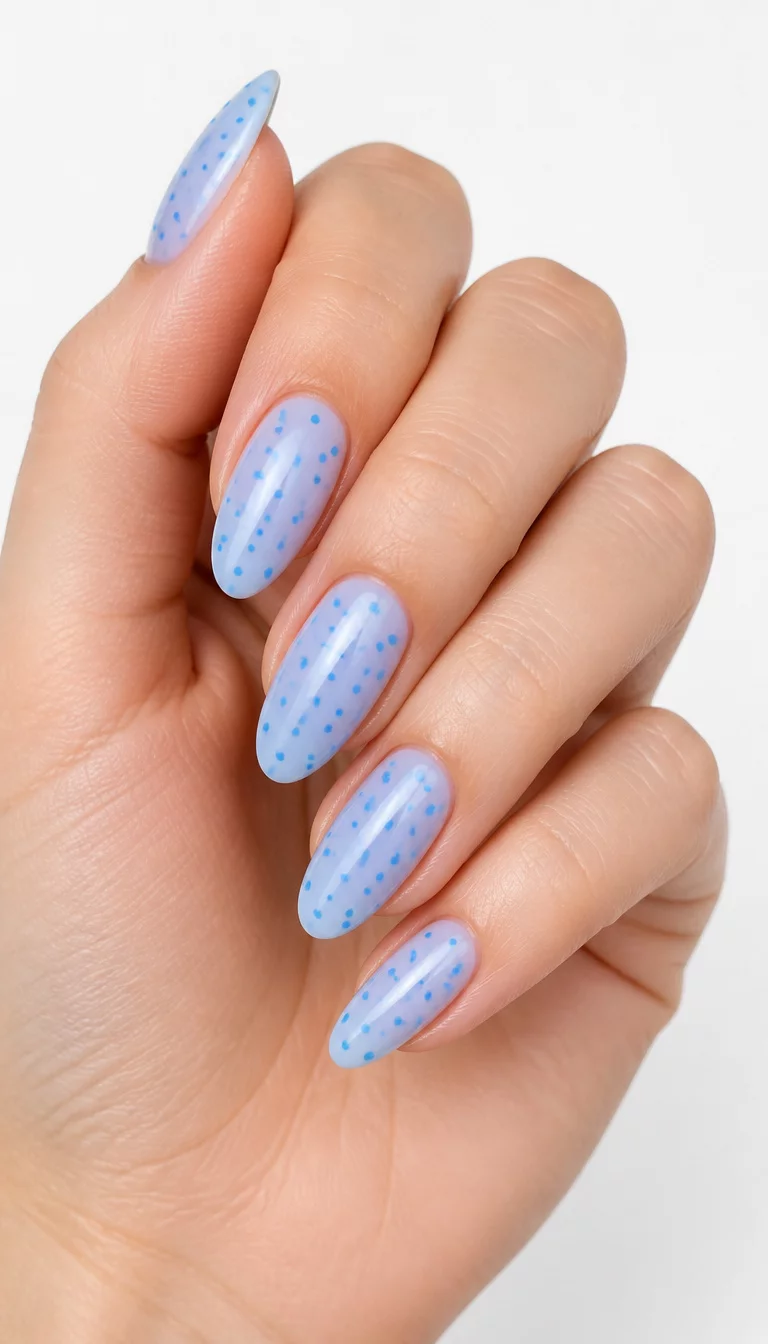 Bright Blue Polka Dots close-up shot of a woman’s hand with five fingers showing nails with almond-shaped, light blue nails with a sheer overlay decorated with small, bright blue polka dots, white background.