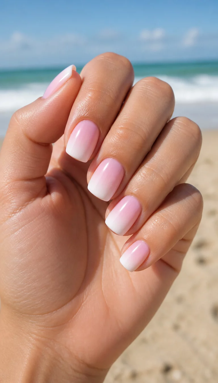 Sun Kissed Ombre Squares close-up shot of a woman’s hand with five fingers showing nails with short, square, ombre nails in a soft pink to white gradient, sandy beach with a blurred ocean background.
