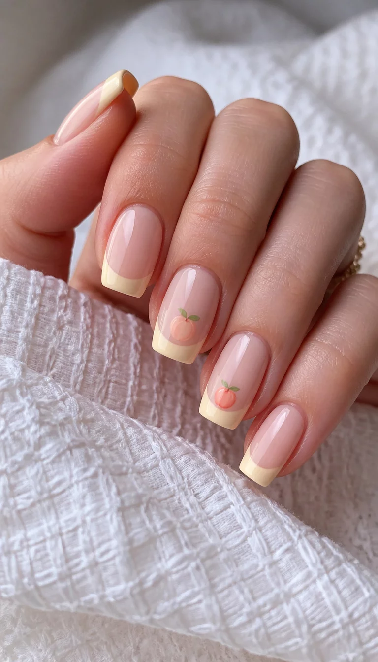 Minimalist Peach Yellow Squares close-up shot of a woman’s hand with five fingers showing nails with square, light yellow French-tip nails with small, minimalist peach designs on some nails, textured white fabric.