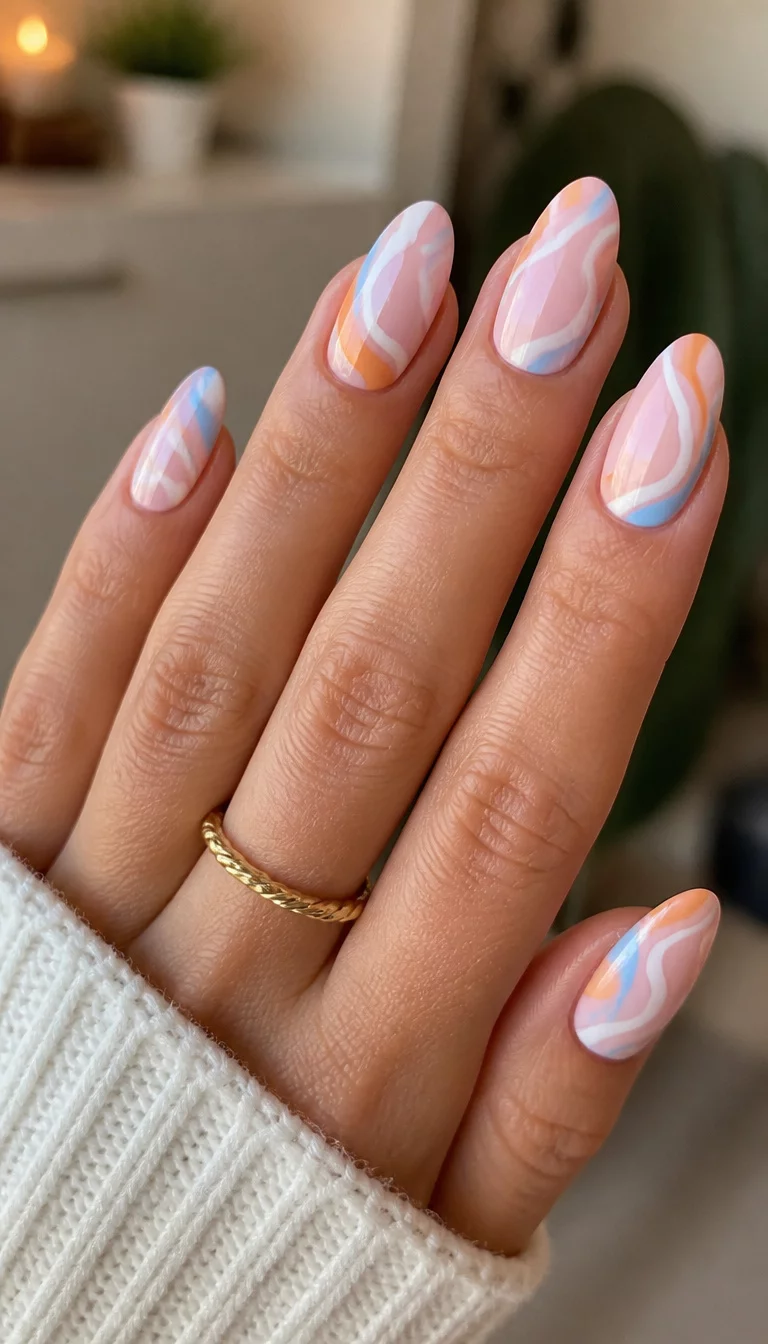 Pastel Abstract Waves close-up shot of a woman’s hand with five fingers showing nails with almond-shaped, pastel nails with abstract white, orange, and light blue wavy lines, blurred indoor setting.