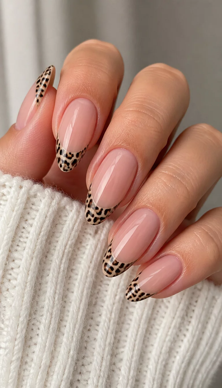 Fierce Leopard French Tips close-up shot of a woman’s hand with five fingers showing nails with almond-shaped, French-tip nails with a leopard print design on the tips, white, textured sweater.