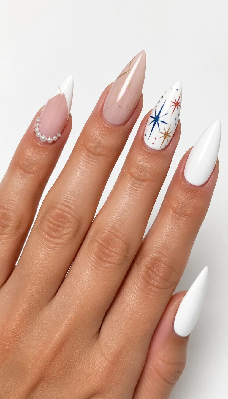 Pearly White Minimalist Wonders close-up shot of a woman’s hand with five fingers showing nails with white nail designs: French tips with pearl accents, minimalist gold lines, abstract red and blue star patterns, and solid white stiletto nails, clean white background.
