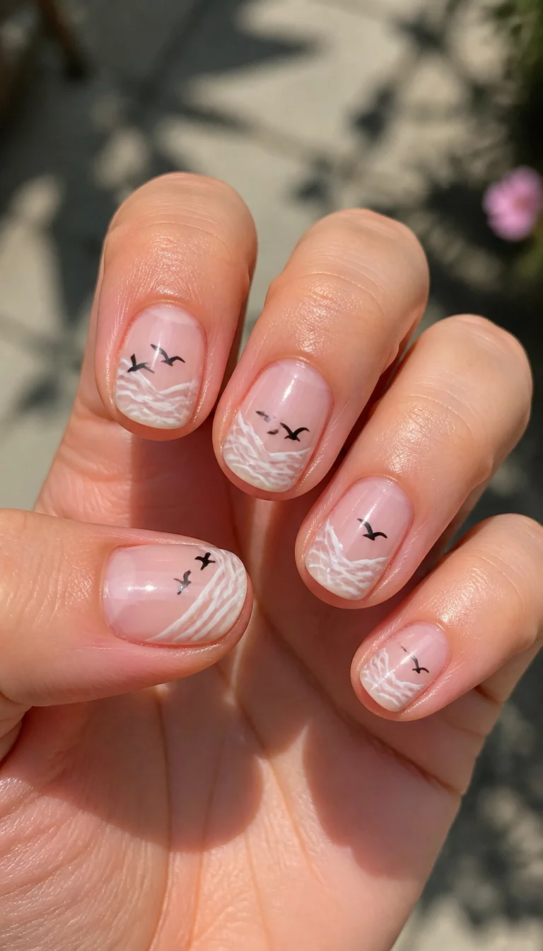 Sea Spray And Bird Silhouettes close-up shot of a woman’s hand with five fingers showing nails with short rounded nails with a translucent base featuring white wave-like painted patterns and small black bird silhouettes, natural outdoor lighting.