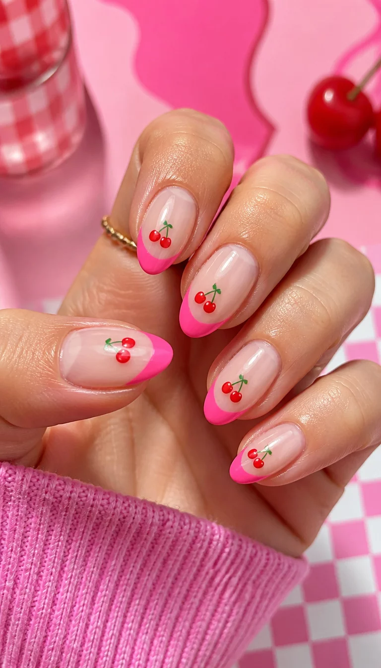 Pink Cherry French Tips close-up shot of a woman’s hand with five fingers showing nails with almond-shaped French manicure nails with a bright pink tip and small red cherry decals, playful bright background.