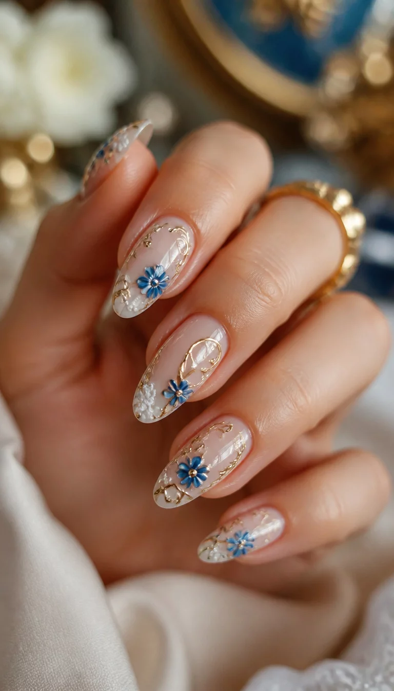 Gold Swirls And Blue Florals close-up shot of a woman’s hand with five fingers showing nails with almond-shaped nails with a sheer base decorated with intricate gold swirls, blue floral embellishments, and textured white accents, luxurious blurred background.