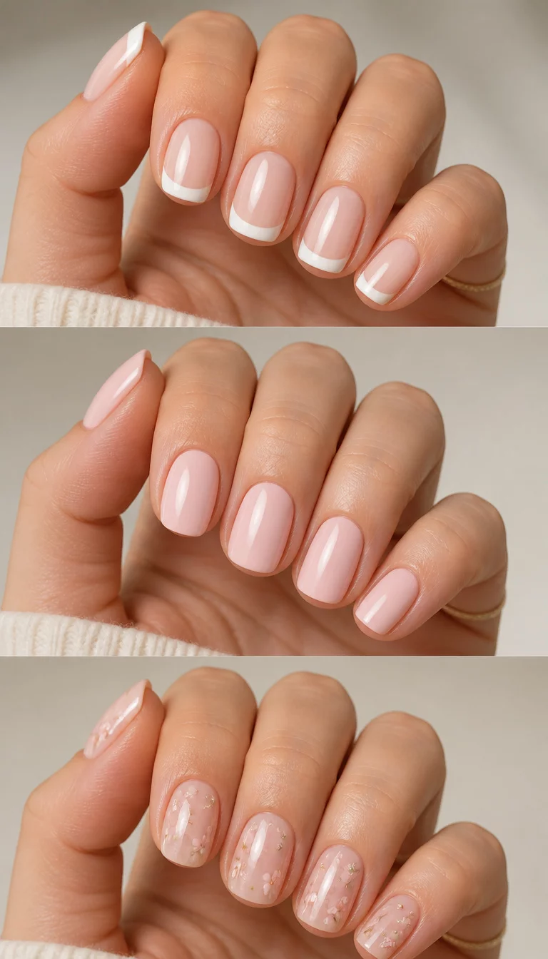 The Minimalist Trio close-up shot of a woman’s hand with five fingers showing nails with a collage of three nail sets: classic French manicure, light pink short oval nails, and a sheer base with floral embellishments, soft neutral background.