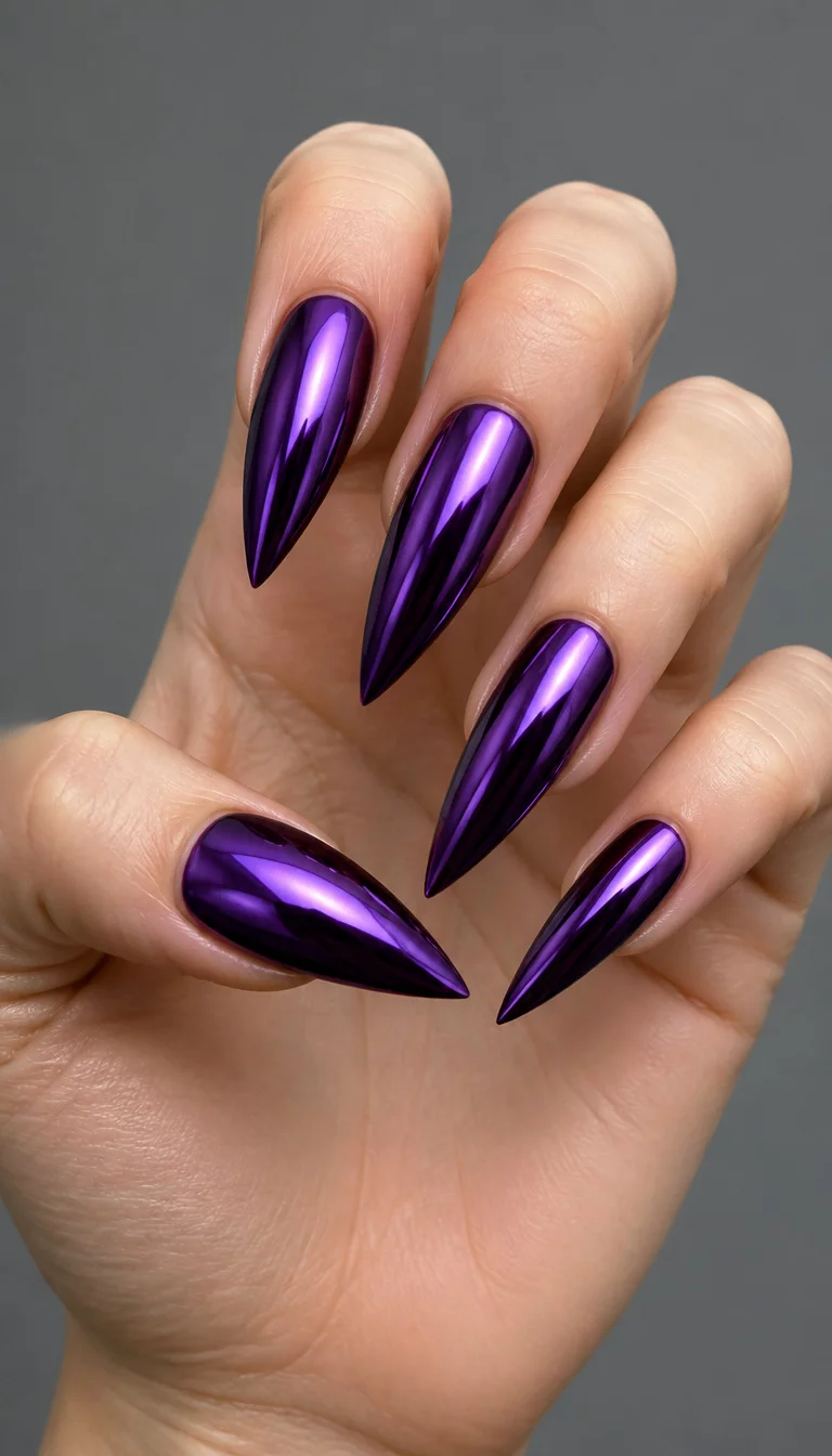 Metallic Purple Chrome Claws close-up shot of a woman’s hand with five fingers showing nails with sharp stiletto nails in a deep, metallic purple with a chrome finish, plain grey background.
