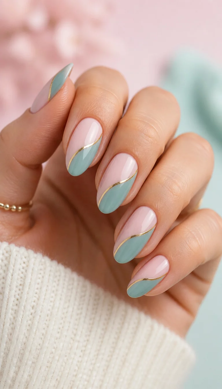The Pink And Teal Split close-up shot of a woman’s hand with five fingers showing nails with almond-shaped nails in a dual-tone design of pale pink and soft teal, with a delicate gold line accentuating the split, soft pastel background.