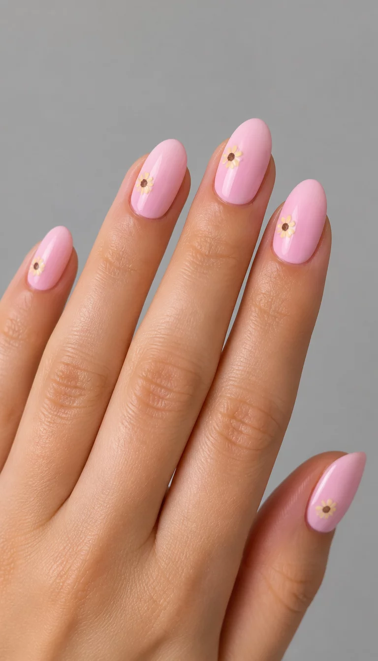 Pastel Pink With Tiny Florals close-up shot of a woman’s hand with five fingers showing nails with oval nails painted a soft pastel pink, each adorned with a tiny yellow and brown flower accent, light grey background.