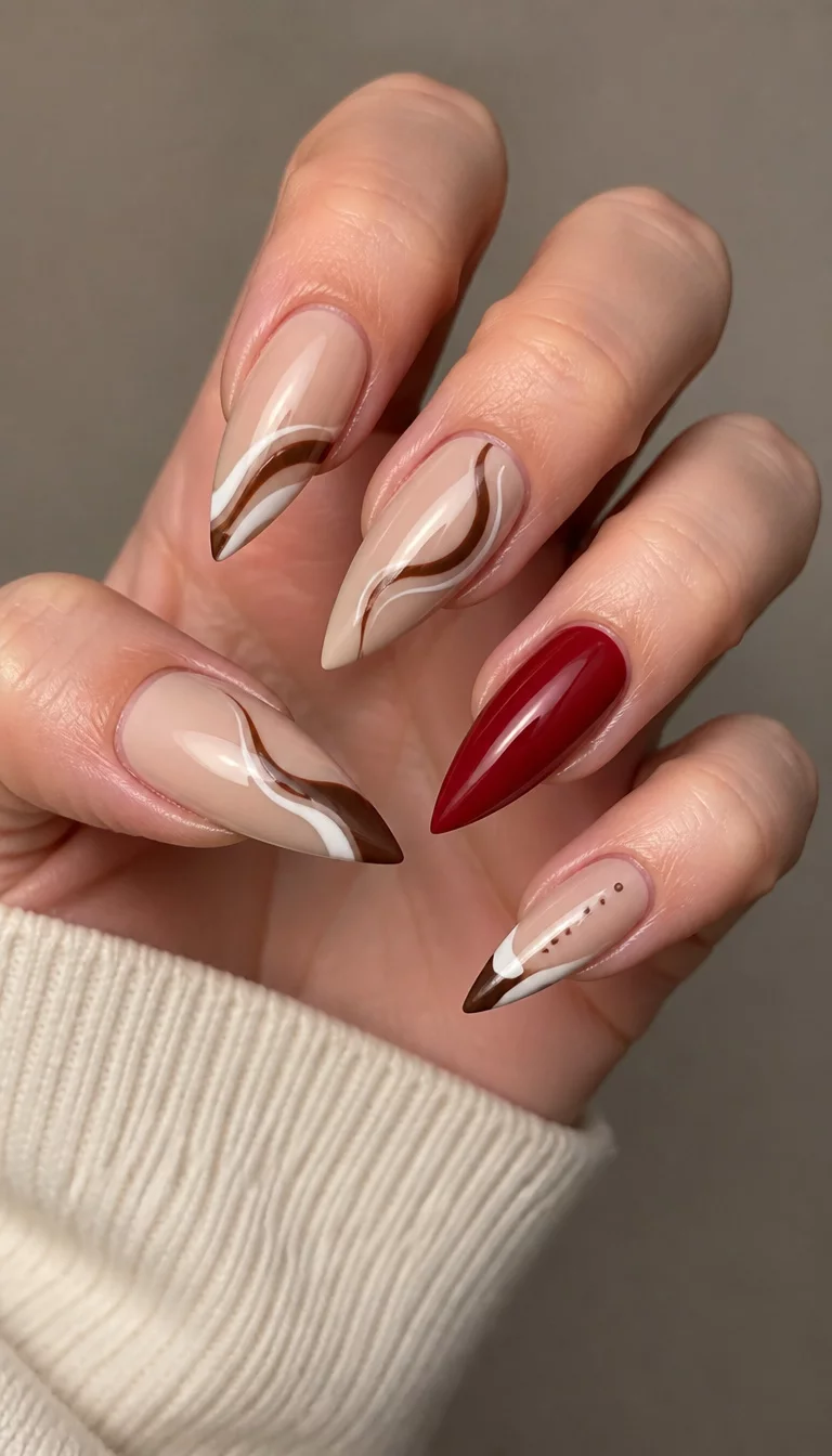 Abstract Earth Tones And Crimson Accents close-up shot of a woman’s hand with five fingers showing nails with stiletto-shaped nails with a neutral base, featuring brown and white abstract designs and one accent nail with a red polish, neutral background.