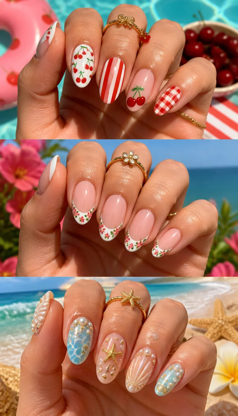 Fruit And Flora Charms close-up shot of a woman’s hand with five fingers showing nails with a collage of three nail sets: cherry motifs and stripes, floral French tips, and beach-themed nails with pearls and starfish, vibrant summer background.