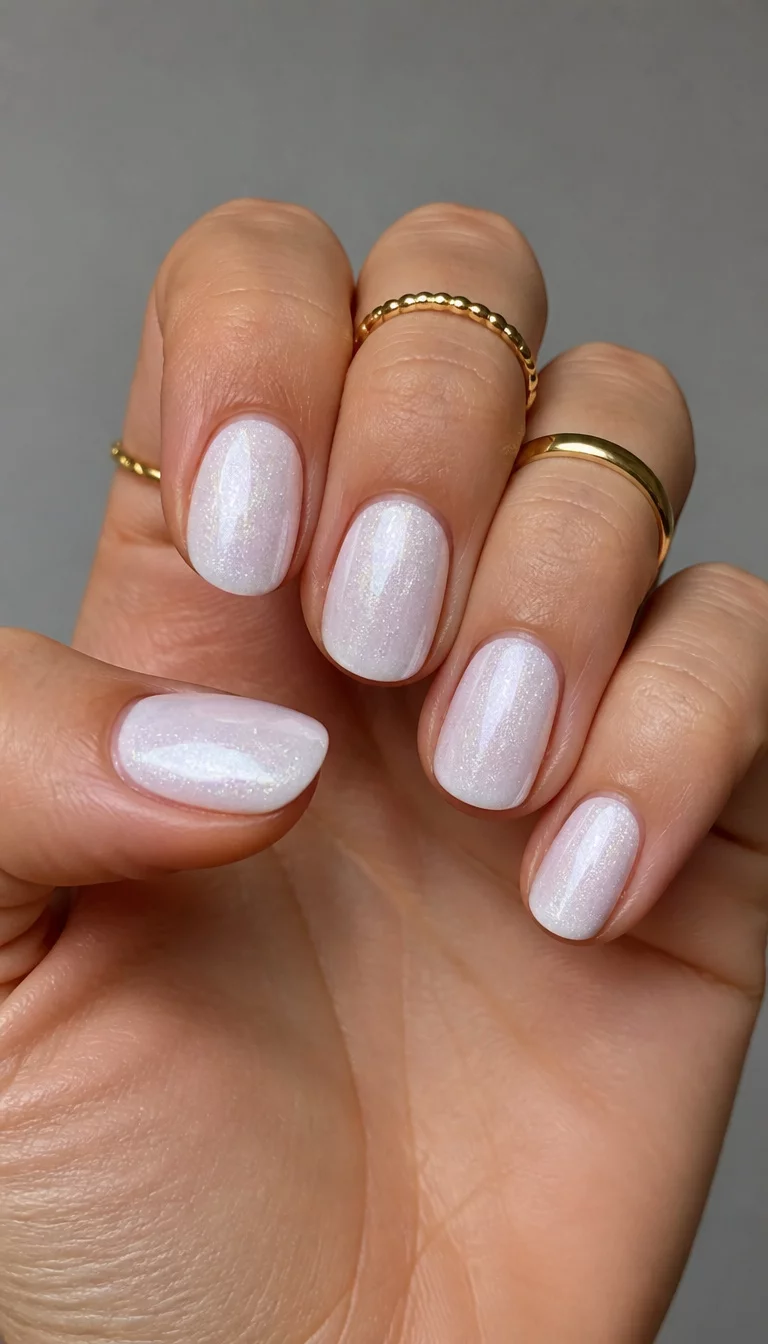 Liquid Pearl Shimmer close-up shot of a woman’s hand with five fingers showing nails with short oval nails coated in a shimmering, pearlescent white polish, soft grey background with gold rings.