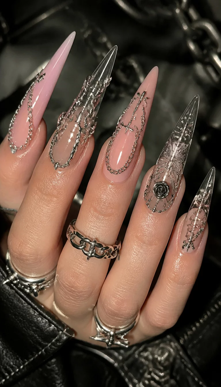 Pink Chains And Silver Claws close-up shot of a woman’s hand with five fingers showing nails with a collage featuring three styles: long pale pink nails with delicate chains, sharp clear claws with silver elements, and transparent nails with intricate designs, edgy background.
