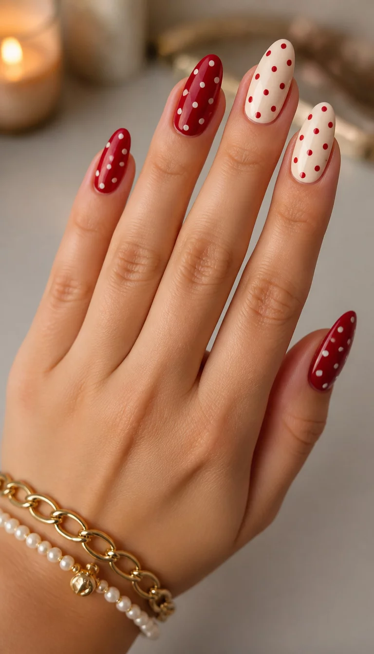 Vintage Polka Dot Redux close-up shot of a woman’s hand with five fingers showing nails with almond-shaped nails with a red and cream polka dot pattern, blurred background focusing on hands with bracelets.