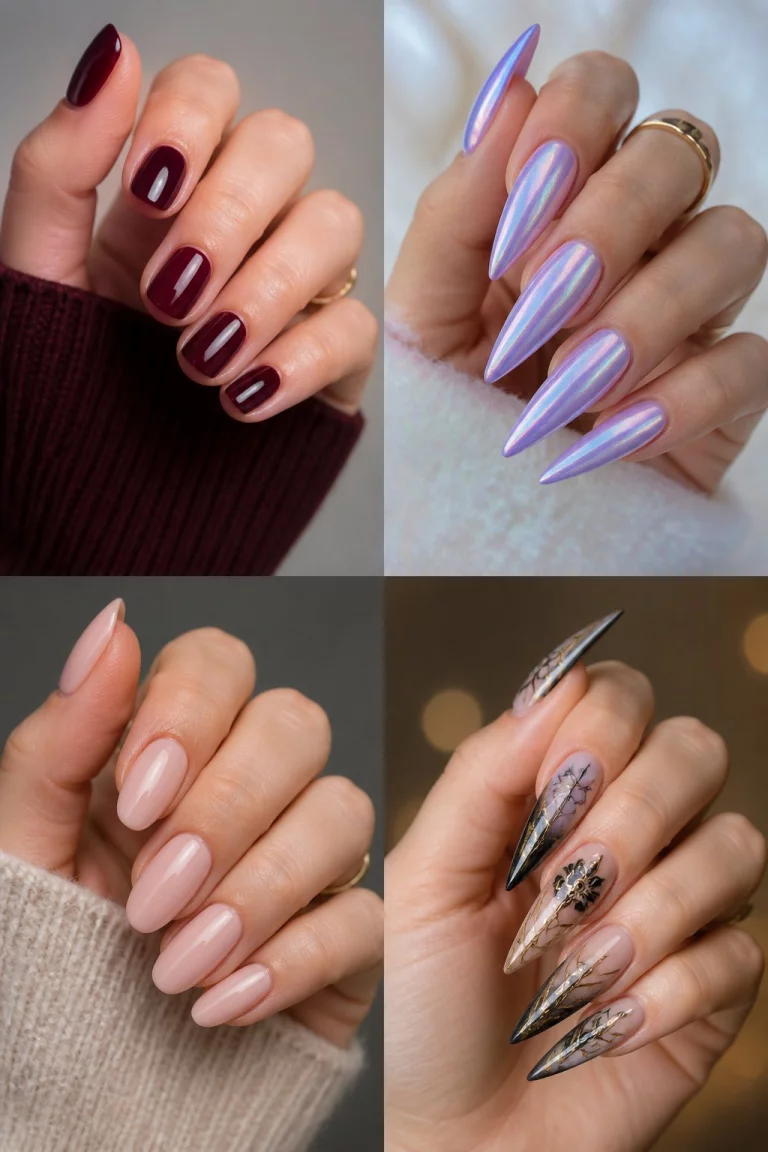 The Eclectic Artist Collection close-up shot of a woman’s hand with five fingers showing nails with a collage of various nail designs: short dark red nails, long lavender stiletto nails with iridescent finish, nude oval nails, and stiletto nails with detailed patterns, varied background.