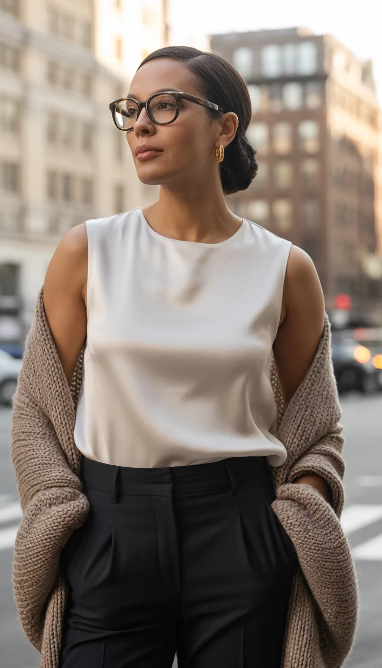 The Drape Of A Beige Shawl A beautiful 38-year-old woman in a sleeveless white silk top, a heavy beige knit shawl draped over her shoulders, black tailored trousers, she wears black framed glasses and small gold hoop earrings, a city street background.