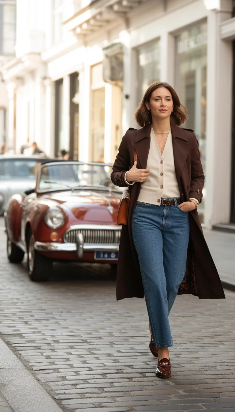 The Brown Trench And Vintage Style A beautiful 33-year-old woman in a deep brown trench coat, a cream button up cardigan, straight leg blue jeans, she wears brown leather loafers and carries a small brown shoulder bag, walking down a street with a vintage car background.