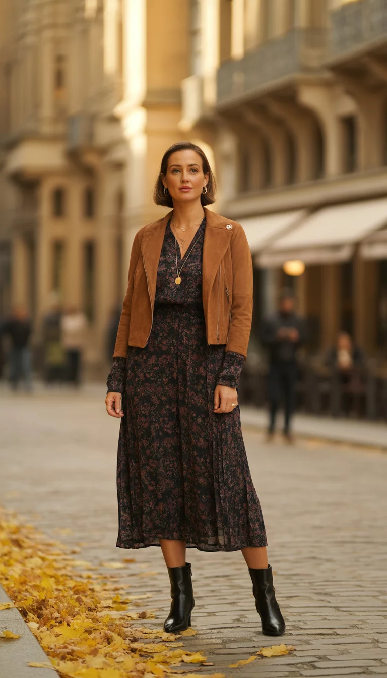 The Multi Backdrop Dress Collection A beautiful 34-year-old woman in a dark floral long sleeve midi dress, a tan suede jacket, black leather ankle boots, she wears a gold pendant necklace, set against various European backdrops background.