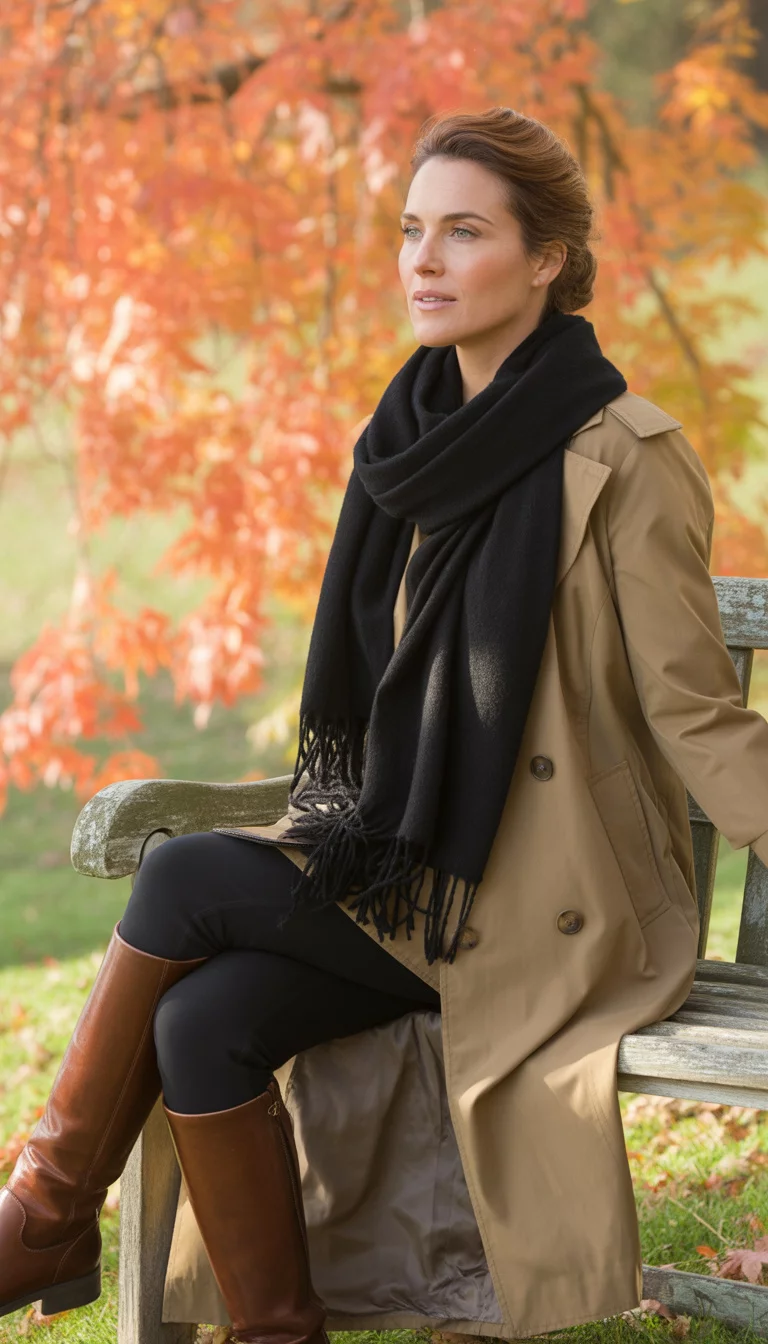 The Park Bench Trench A beautiful 37-year-old woman in a double breasted tan trench coat, a black cashmere scarf, black leggings, and brown leather riding boots, she sits on a bench in front of a tree with orange leaves background.