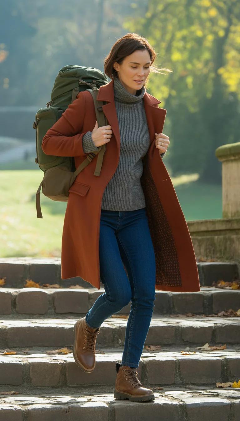 Rust Colored Steps And Hiking Boots A beautiful 33-year-old woman in a rust-colored wool coat, a grey ribbed turtleneck sweater, slim fit dark blue jeans, she wears brown leather hiking boots and carries a green canvas backpack, walking down stone steps in a park background.