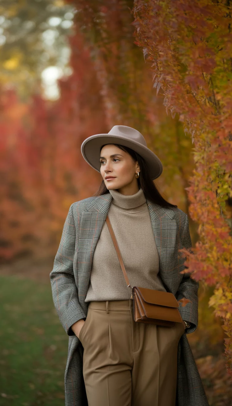 Grey Plaid And Autumn Foliage A beautiful 29-year-old woman in a grey plaid wool coat, beige cashmere turtleneck, tan tailored trousers, she wears a wide-brimmed grey felt hat and carries a small leather crossbody bag, standing in an outdoor park with vibrant fall foliage background.