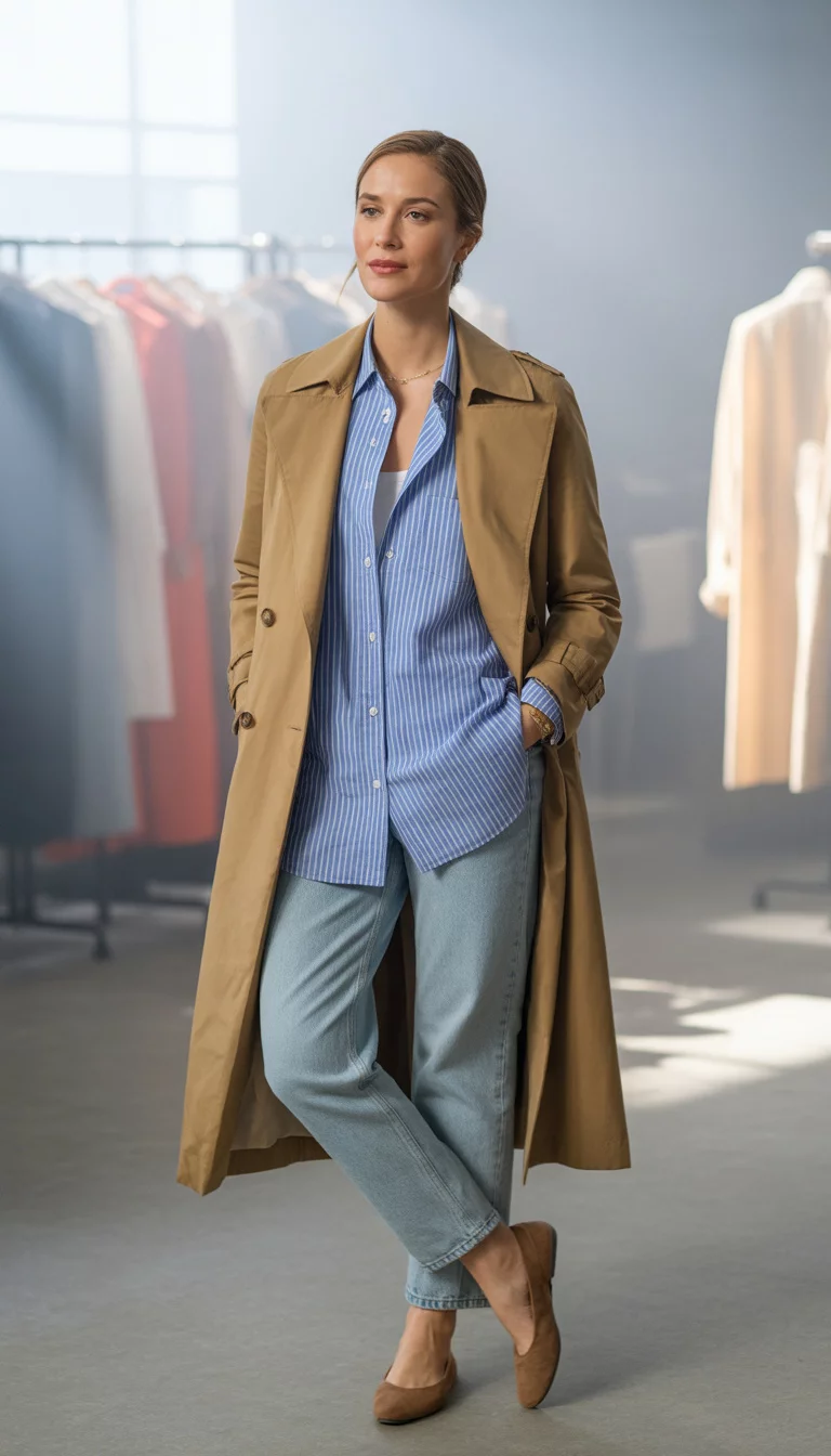 The Trio Of Travel Textures A beautiful 30-year-old woman in a tan classic trench coat, a blue and white striped button down shirt, and light wash jeans, she wears brown ballet flats, a split image showcasing three distinct outfits background.