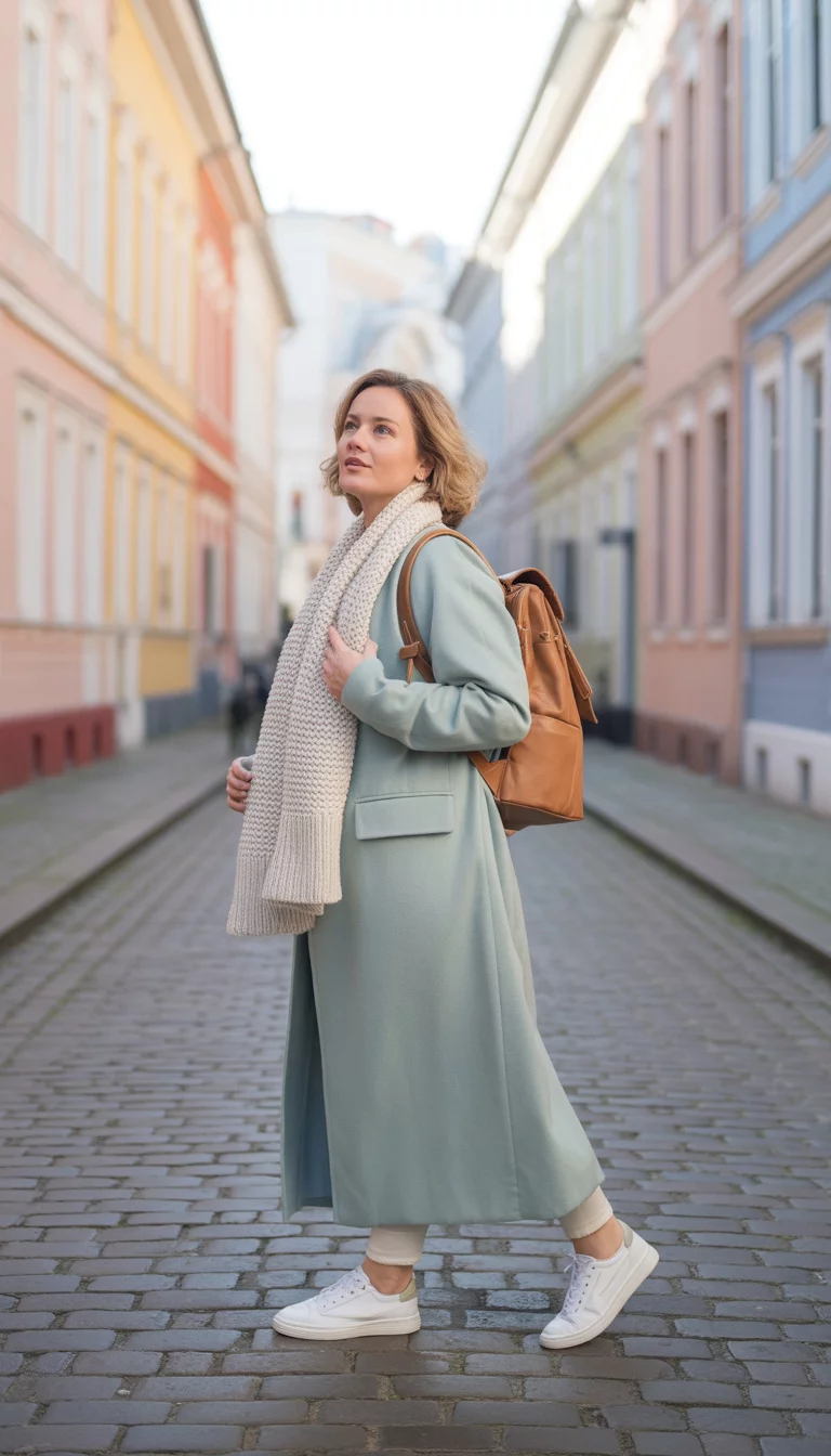 Pastel Streets And Soft Layers A beautiful 35-year-old woman in a light sage green wool coat, a chunky cream knit scarf, white low top sneakers, she carries a tan leather backpack, walking on a street lined with pastel-colored houses background.