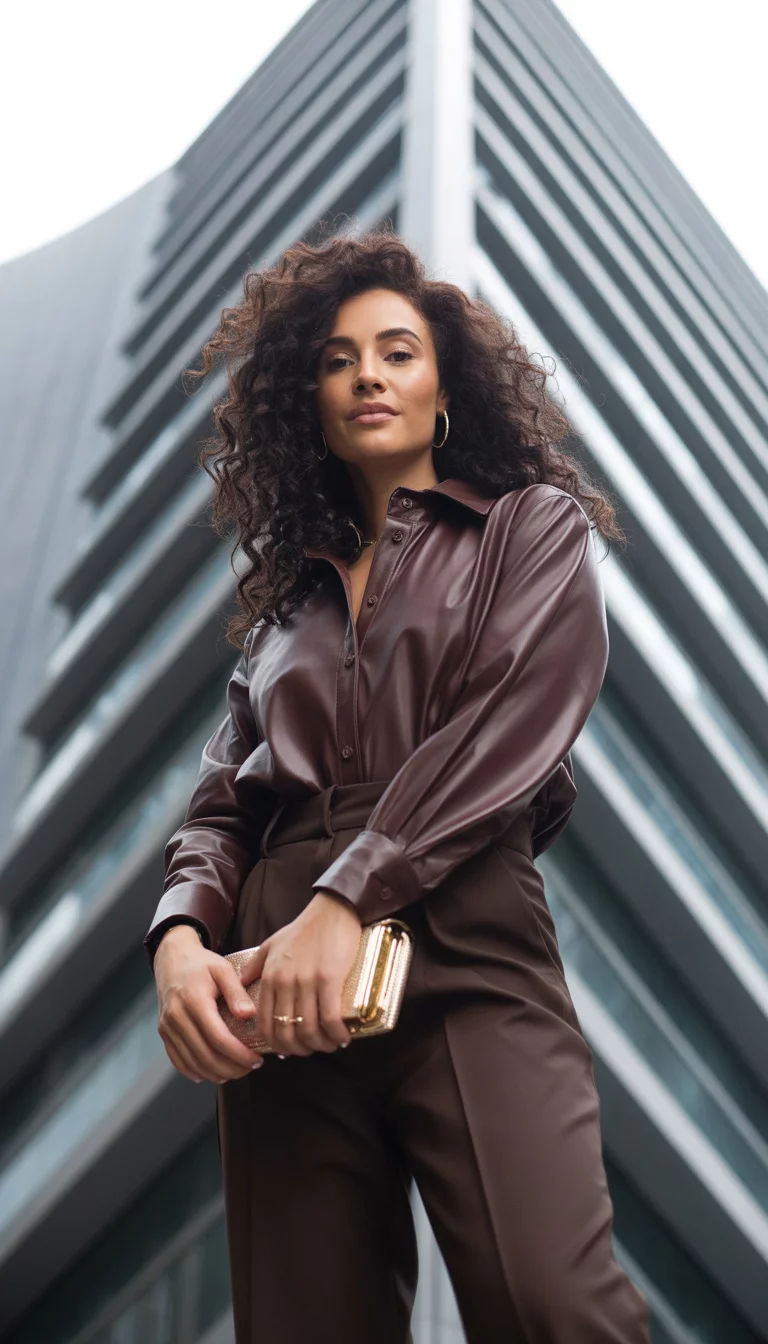 Faux Leather And Voluminous Curls A beautiful 28-year-old woman with voluminous curly hair in a deep chocolate brown faux-leather button down shirt and matching trousers, dark brown leather heeled boots, she carries a small gold clutch, architectural background.