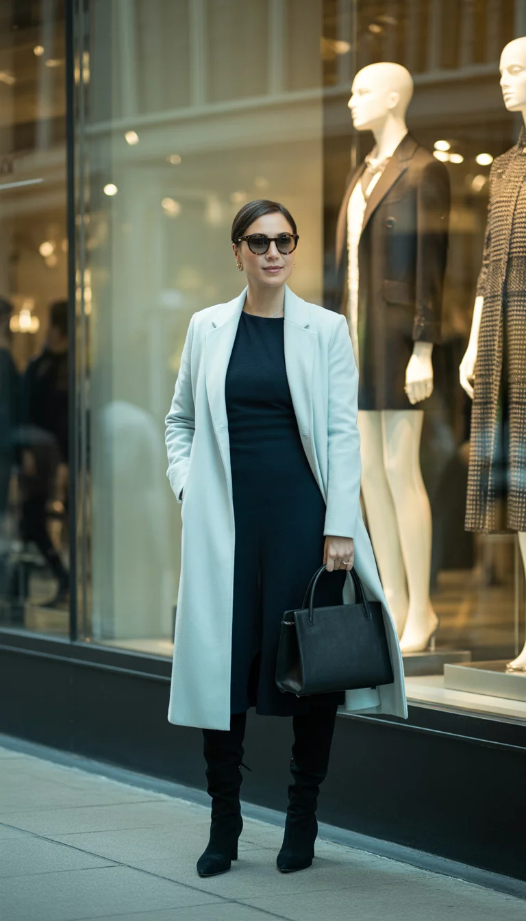 Classy Blue And Black Elegance A beautiful 42-year-old woman in a pale baby blue wool coat, a simple black midi dress, black suede knee high boots, she wears black sunglasses and carries a black leather handbag, a curated collection of classy outfits background.