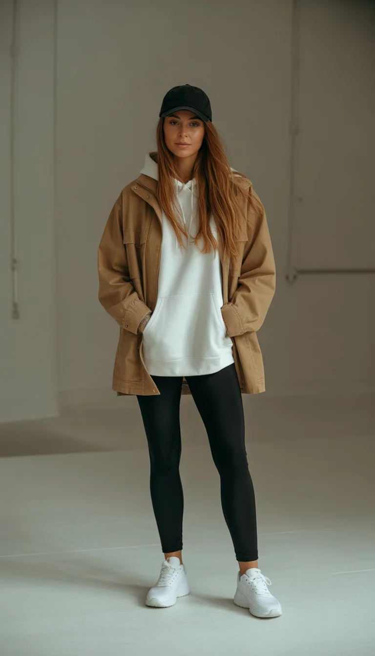 The European Fall Wish List A beautiful 25-year-old woman in a tan utility jacket, black leggings, a white oversized hoodie, she wears white athletic sneakers and a black baseball cap, a compilation of clothing items for a fall wish list background.