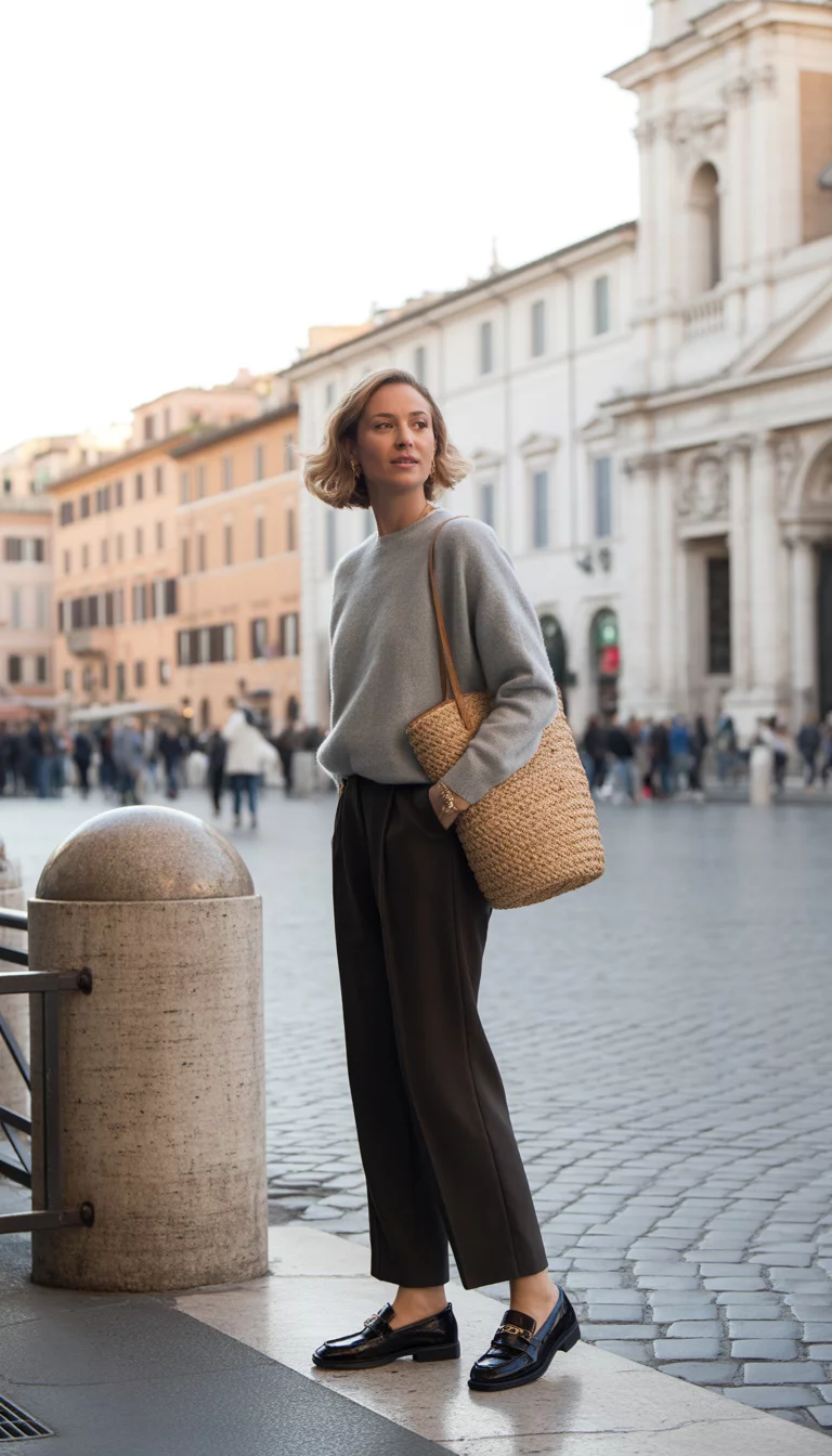 Piazza Navona Grey Knits A beautiful 39-year-old woman in an oversized light grey sweater, black wide leg trousers, she wears black leather loafers and carries a large woven straw tote bag, looking out over Piazza Navona in Rome background.