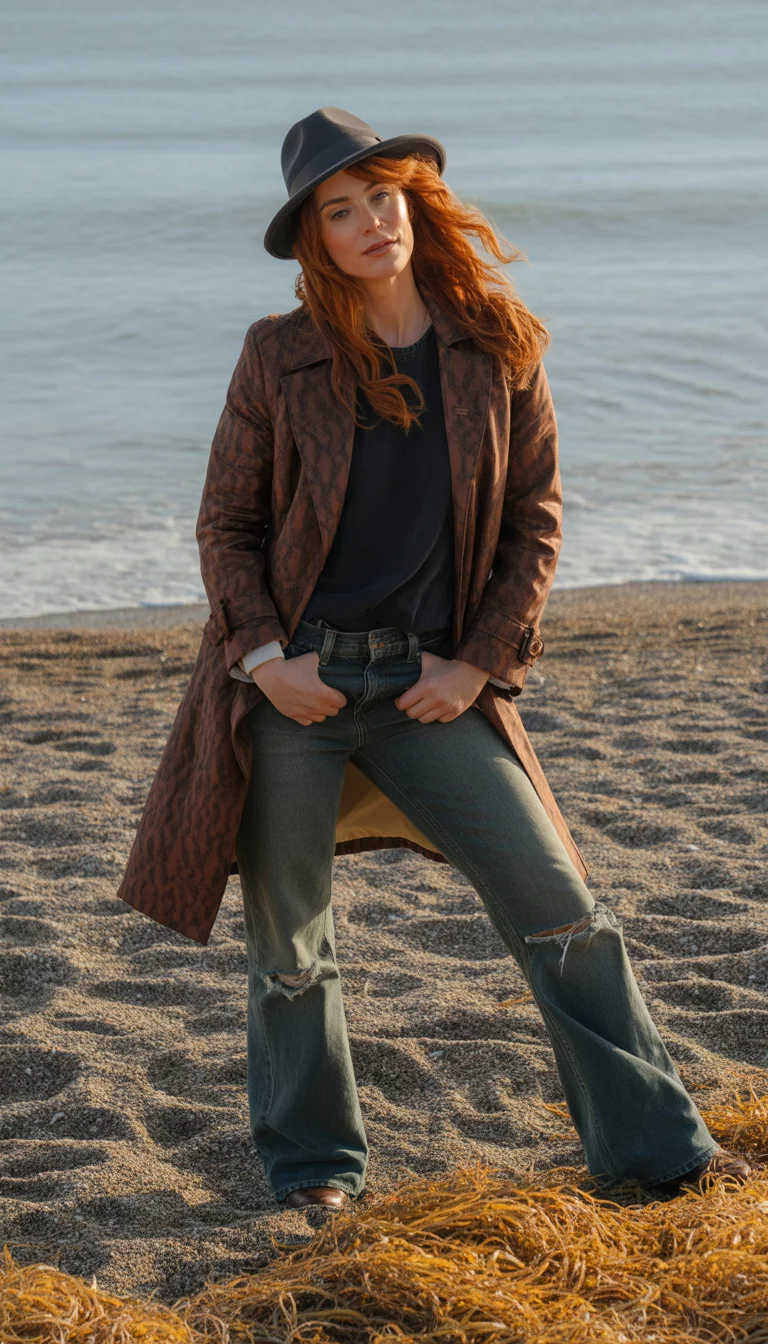 A beautiful 29-year-old woman with vibrant red hair in a brown patterned trench coat, ripped jeans, and a dark fedora, she poses on a pebbly beach.