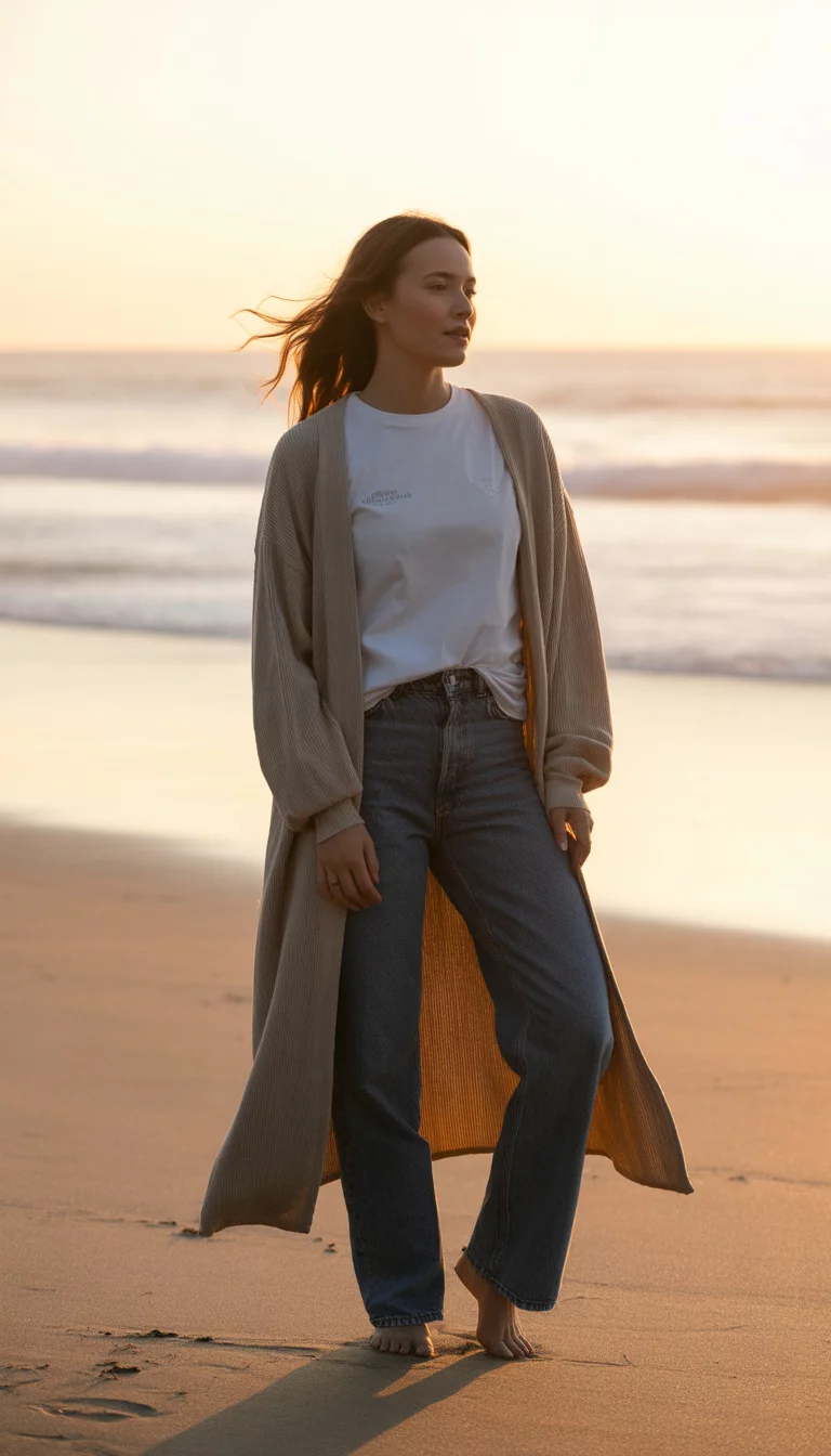 A beautiful 33-year-old woman in a beige maxi cardigan, white graphic tee, and dark jeans, she stands on a sandy beach at sunset.