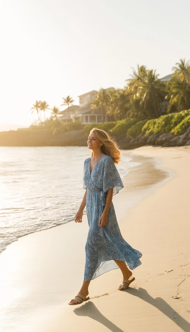A beautiful 36-year-old woman in a blue floral wrap maxi dress and tan sandals, she walks on a beach with palm trees and coastal buildings in the background.