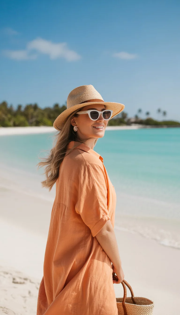 A beautiful 39-year-old woman in an orange linen shirt dress and white sunglasses, she wears a straw hat and holds a fringed bag on a beach.
