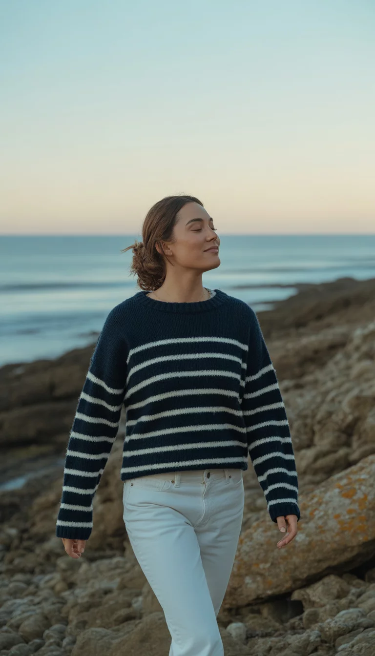 A beautiful 35-year-old woman in a navy and white striped sweater and white jeans, she walks along a rocky shoreline with her eyes closed and head tilted up.