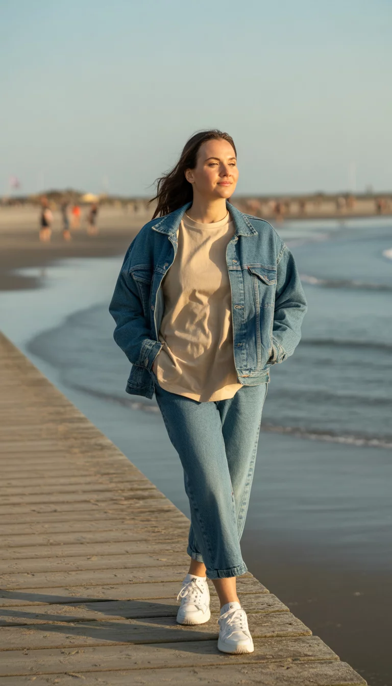 A beautiful 31-year-old woman in a casual beach outfit including a beige t-shirt, denim jacket, and white sneakers, she stands on a boardwalk near the sand.