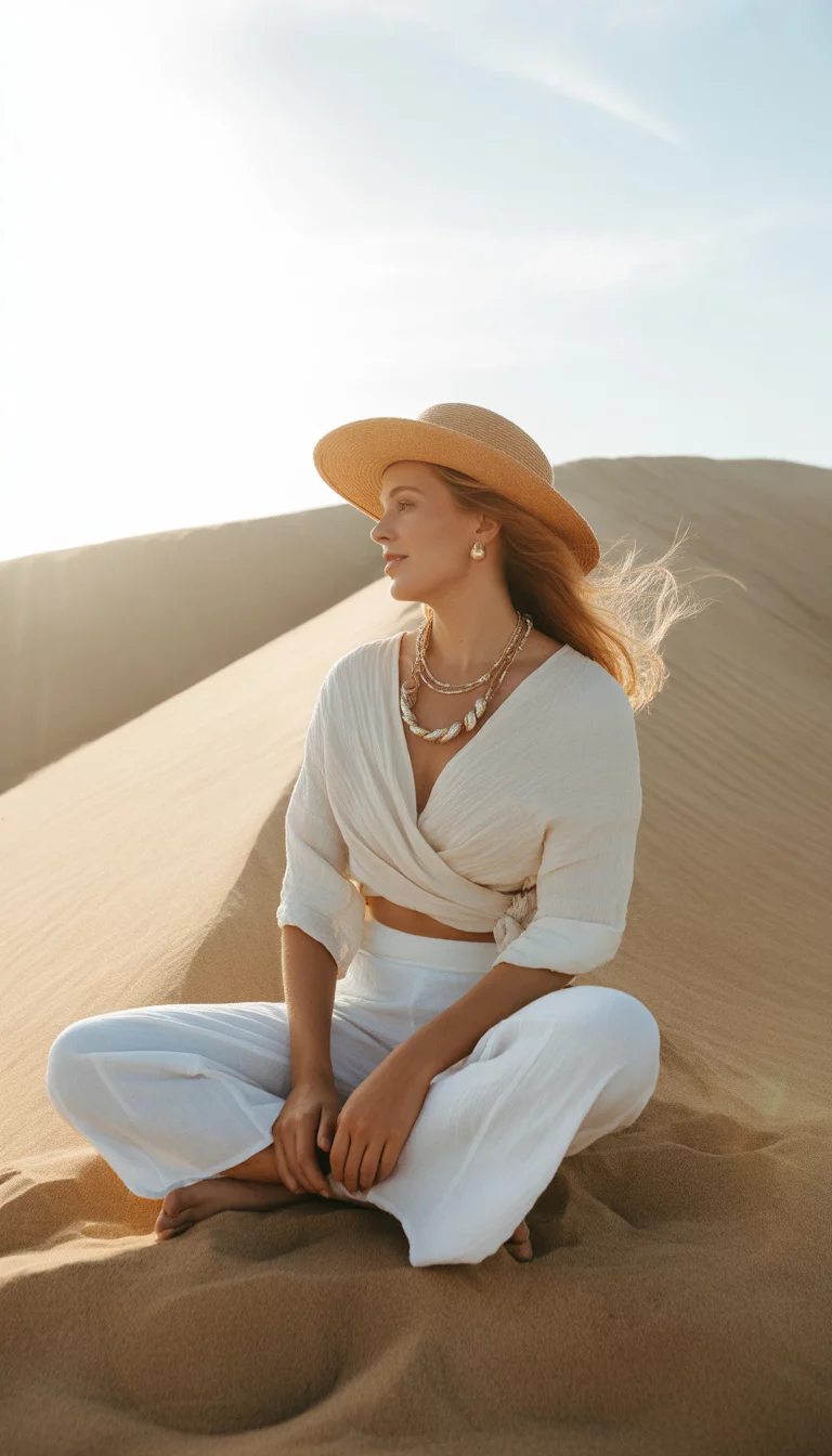 A beautiful 37-year-old woman in a white linen wrap top and pants, she wears a straw hat and chunky statement necklaces while sitting on a sand dune.