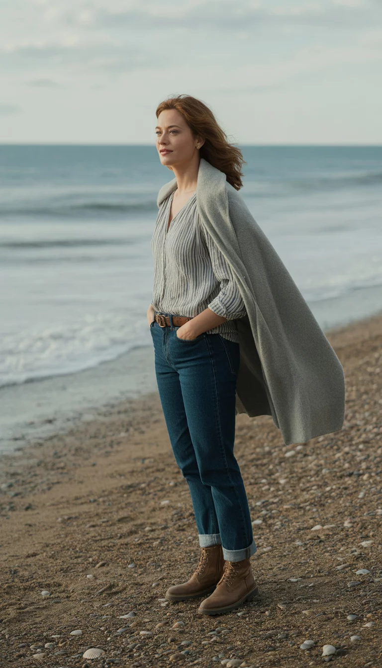 A beautiful 32-year-old woman in a striped top, blue jeans, and brown boots, layered with a grey cardigan, she stands on a pebble beach.