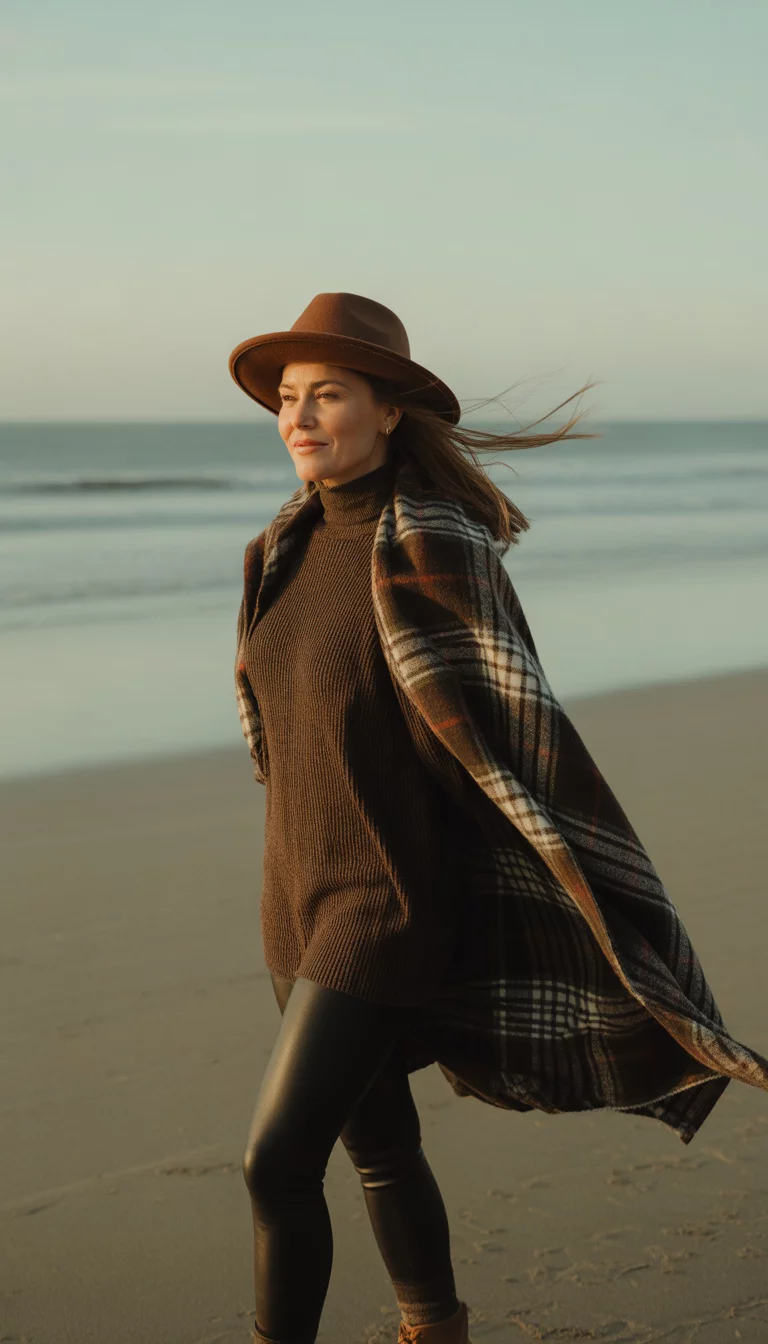 A beautiful 38-year-old woman in a brown turtleneck, black leggings, brown boots, and a plaid poncho, she tops her look with a brown fedora on a sandy beach.