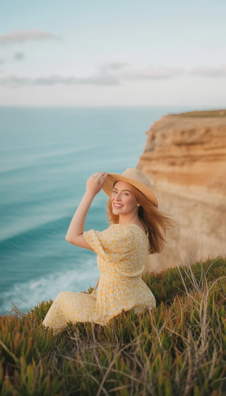 A beautiful 30-year-old woman in a yellow floral dress and straw hat, she sits on a cliff overlooking the ocean and holds her hat against the breeze.