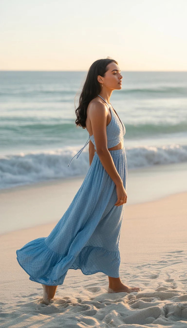 A beautiful 28-year-old woman in a blue textured maxi dress with a ruffled hem and a halter top, she stands on a sandy beach with the ocean behind her.
